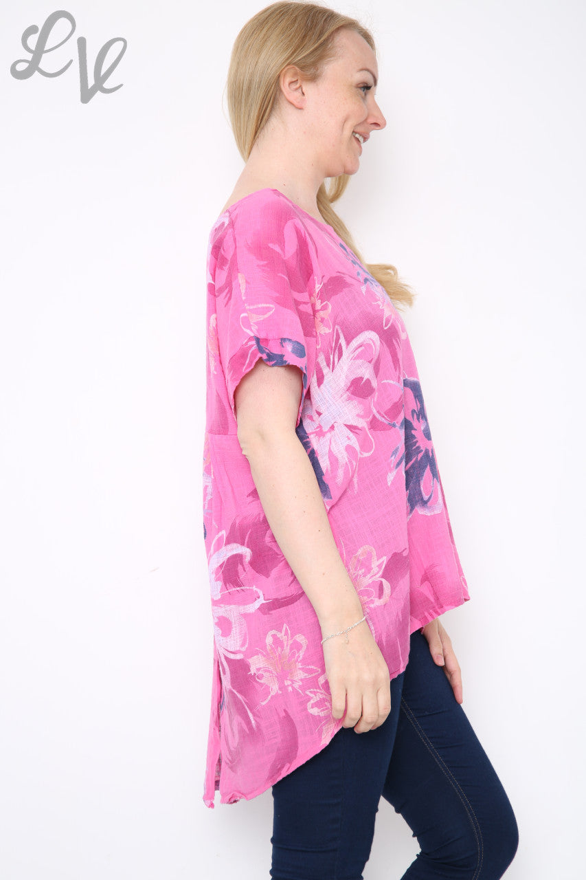 Ladies Flower Abstract Print Top Cerise