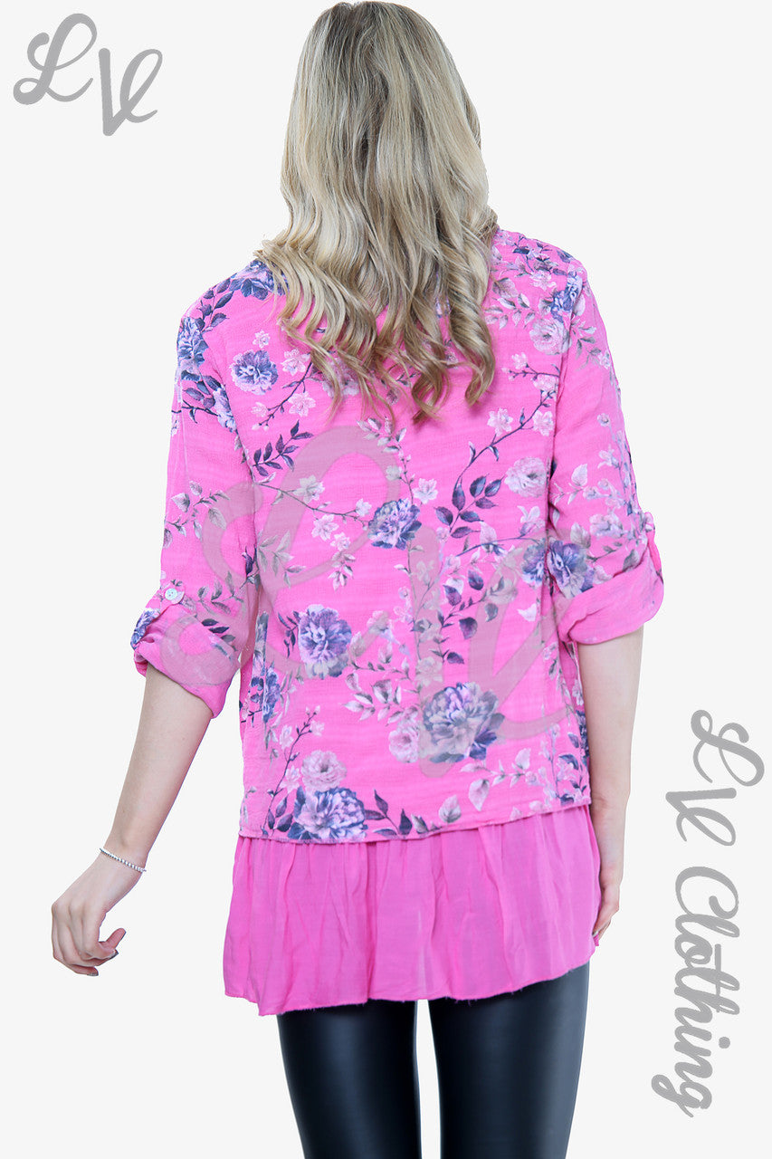 Dames Top Met Bloemenprint En Rucheszoom Cerise Stukprijs €13,99