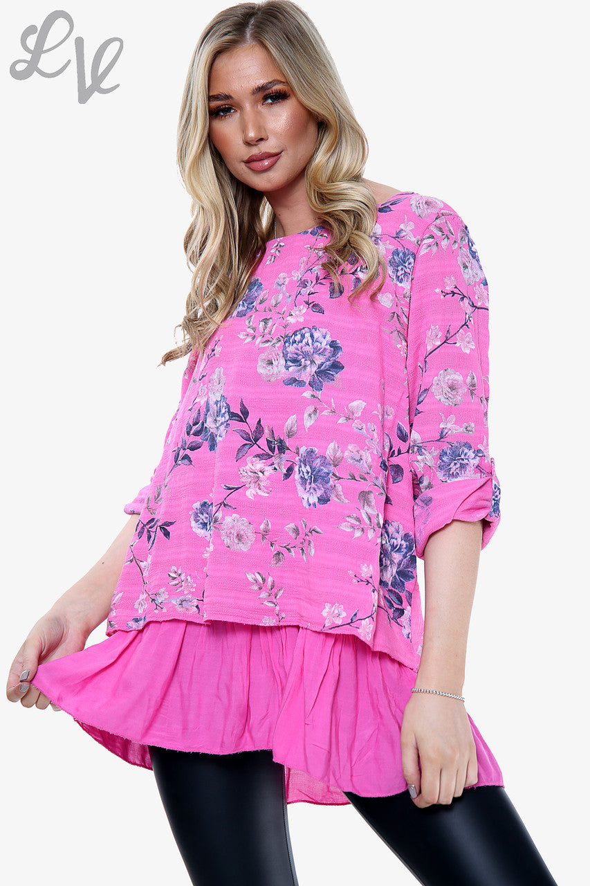 Dames Top Met Bloemenprint En Rucheszoom Cerise Stukprijs €13,99