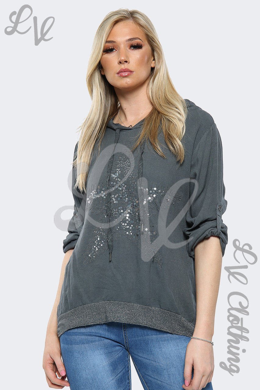 Dames Pailletten Ster Capuchontrui Top Antraciet - Stukprijs €15,99