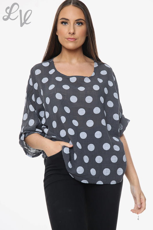 Ladies Polka Dot Simple Top Charcoal Unit Price £7.99