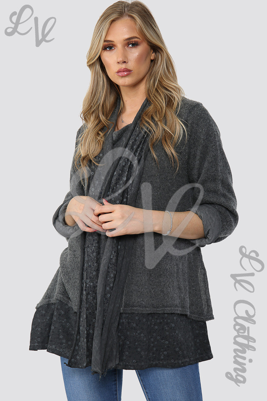 Dames pullover met bloemenprint onderlaag en sjaal Houtskool - Eenheidsprijs €12,99