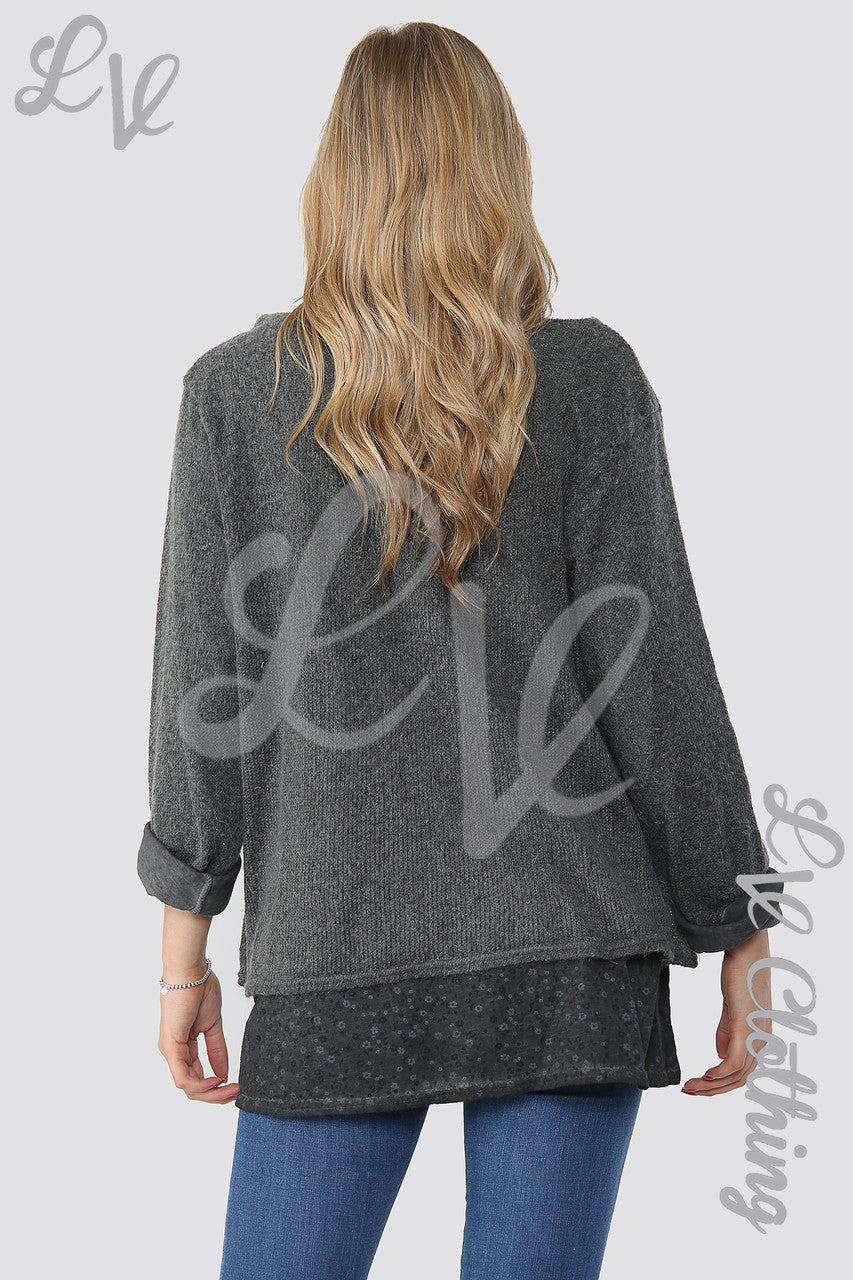 Dames pullover met bloemenprint onderlaag en sjaal Houtskool - Eenheidsprijs €12,99