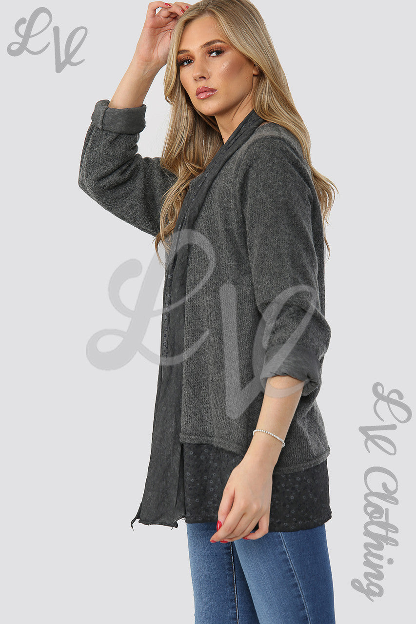Dames pullover met bloemenprint onderlaag en sjaal Houtskool - Eenheidsprijs €12,99