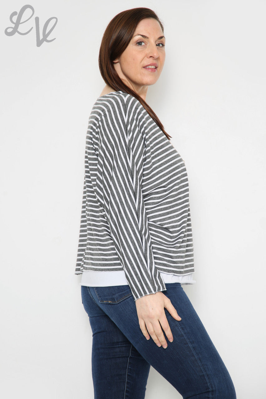 Dames Gestreepte Tweelaagse Top Antraciet Stukprijs €8,99