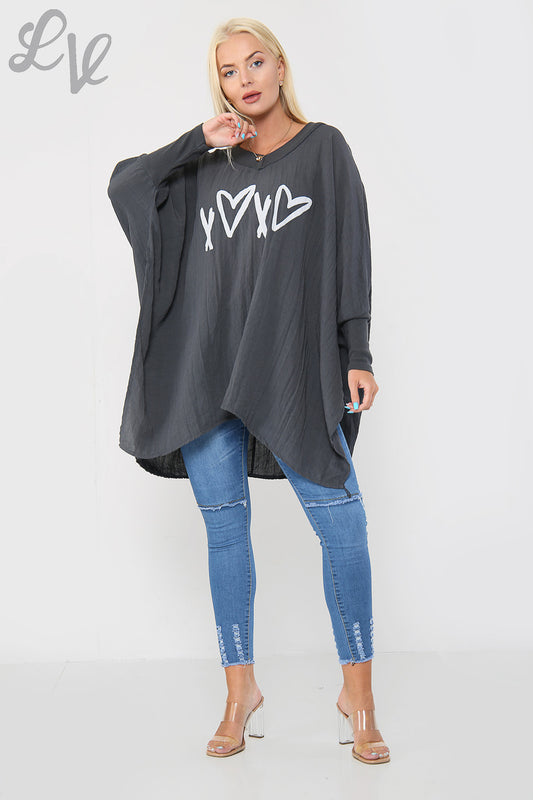 Ladies Love Heart & Cross Graphic Batwing Top Charcoal - Unit Price £9.99