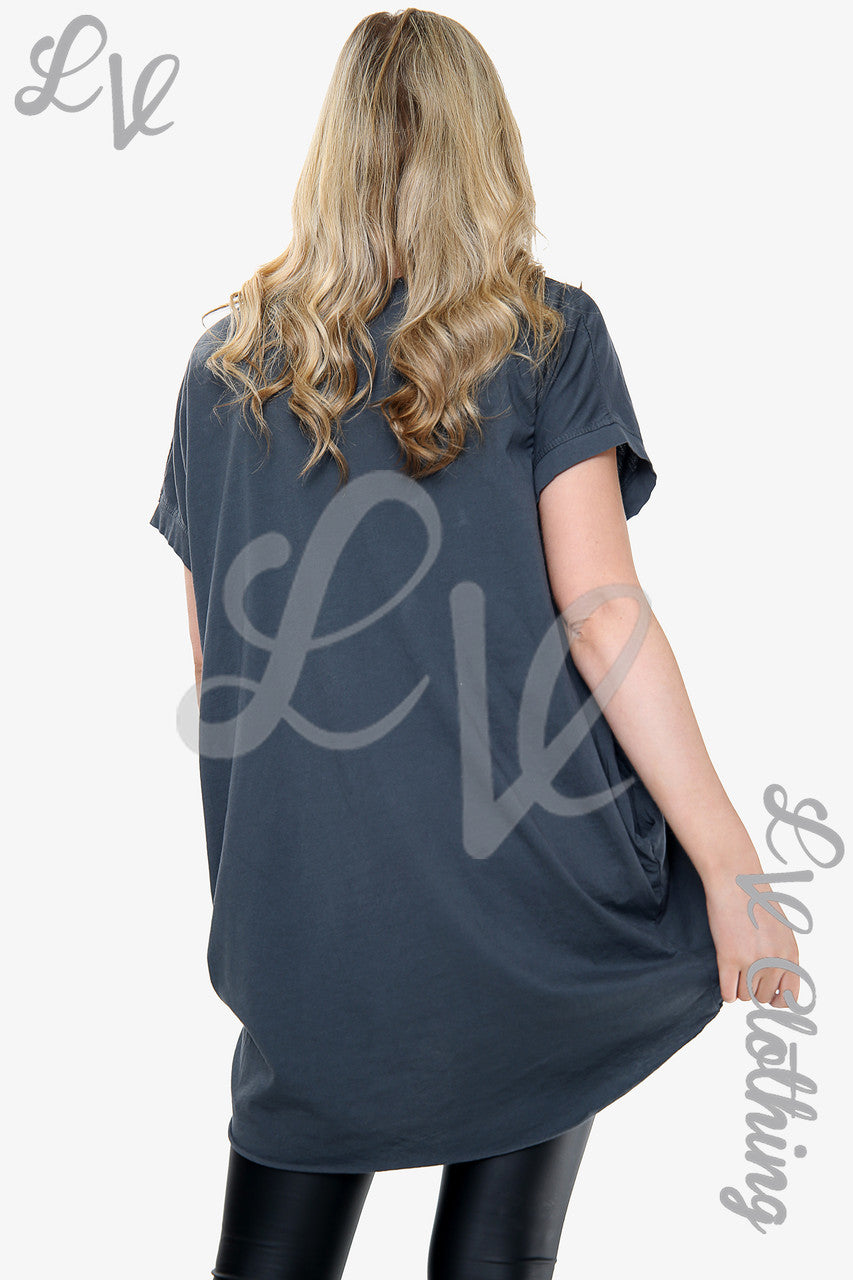 Ladies Foil Heart Graphic Top Charcoal Unit Price £10.99