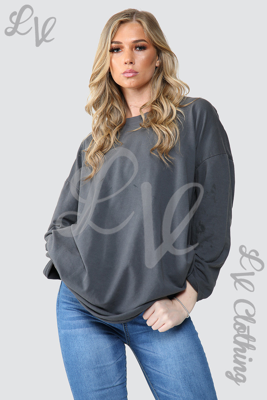 Dames Effen Oversized Tuniek Sweatshirt Top Houtskool - Prijs per eenheid €14,99