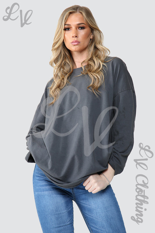 Charcoal oversized tunic sweatshirt top for women, crew neckline, long sleeves