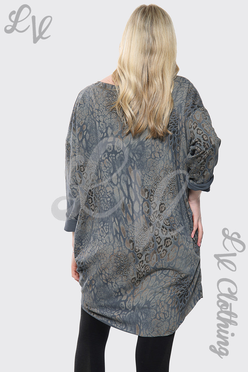 Ladies Leopard Print Italian Oversize Batwing Top Charcoal Unit Price £16.99
