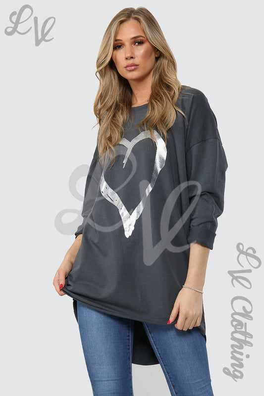 Charcoal foil heart graphic tunic top, loose fit, three-quarter sleeves