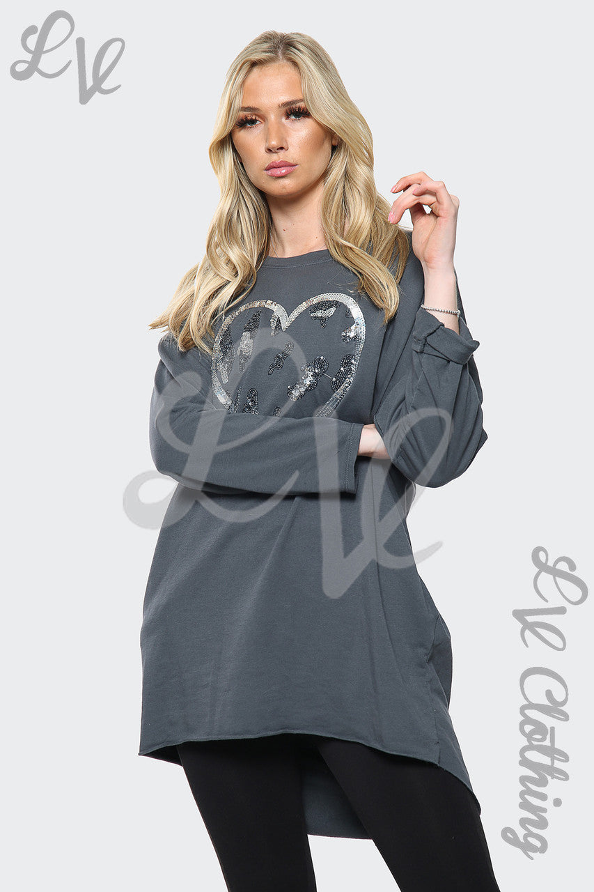 Dames Oversized Top Met Hartprint En Pailletten Houtskool Stukprijs £15,99