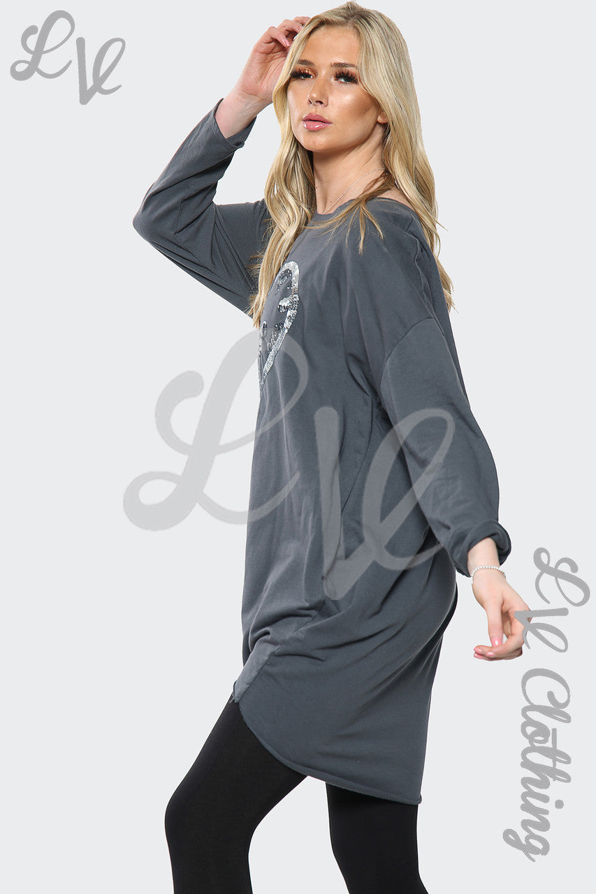 Dames Oversized Top Met Hartprint En Pailletten Houtskool Stukprijs £15,99