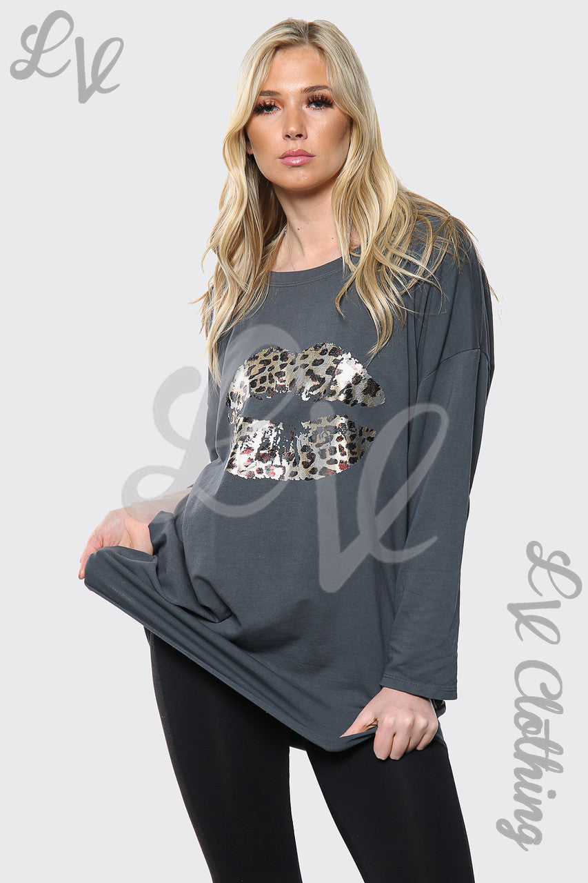 Ladies Leopard Lips Print Batwing Oversized Top Charcoal Unit Price £14.99