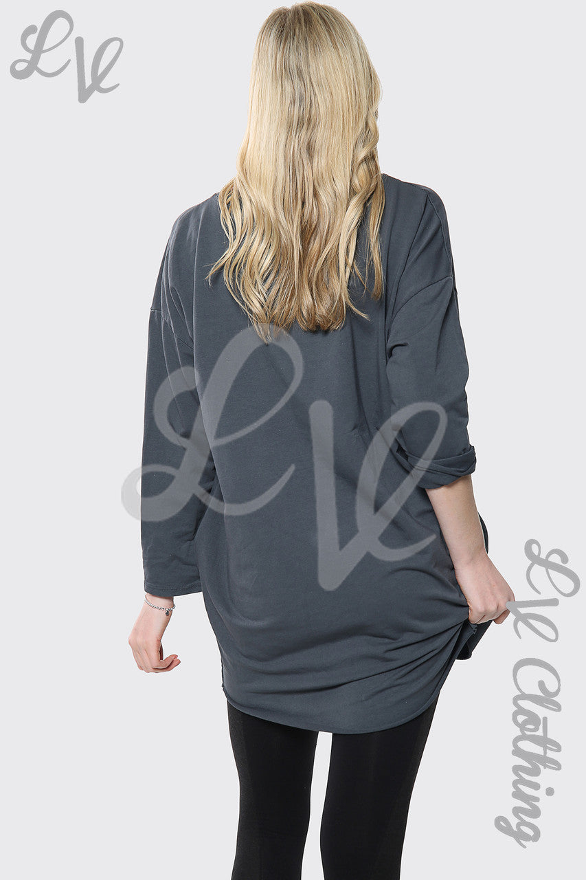 Ladies Leopard Lips Print Batwing Oversized Top Charcoal Unit Price £14.99