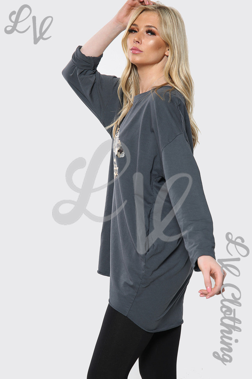 Ladies Leopard Lips Print Batwing Oversized Top Charcoal Unit Price £14.99