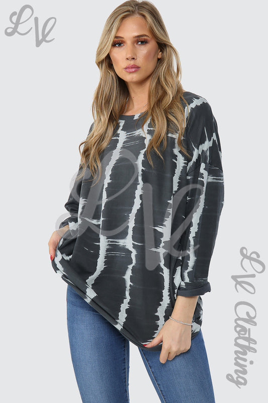 Charcoal tie-dye tunic top with long sleeves and high-low hem