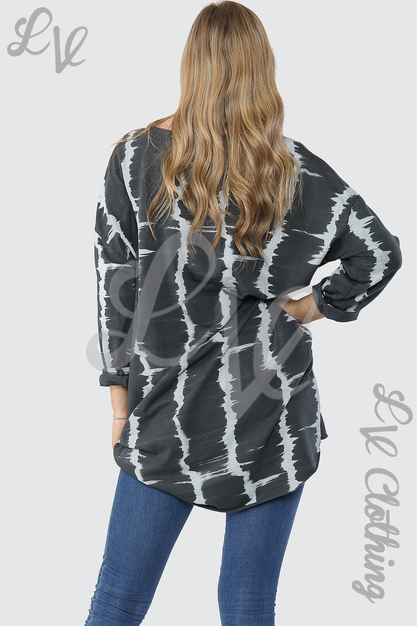 Ladies Tie Dye Print Tunic Top Charcoal - Unit Price £14.99