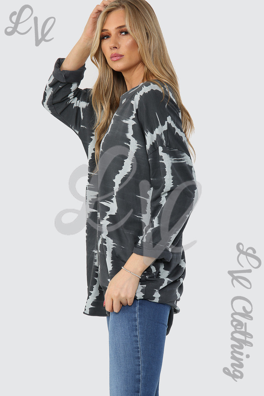 Ladies Tie Dye Print Tunic Top Charcoal - Unit Price £14.99