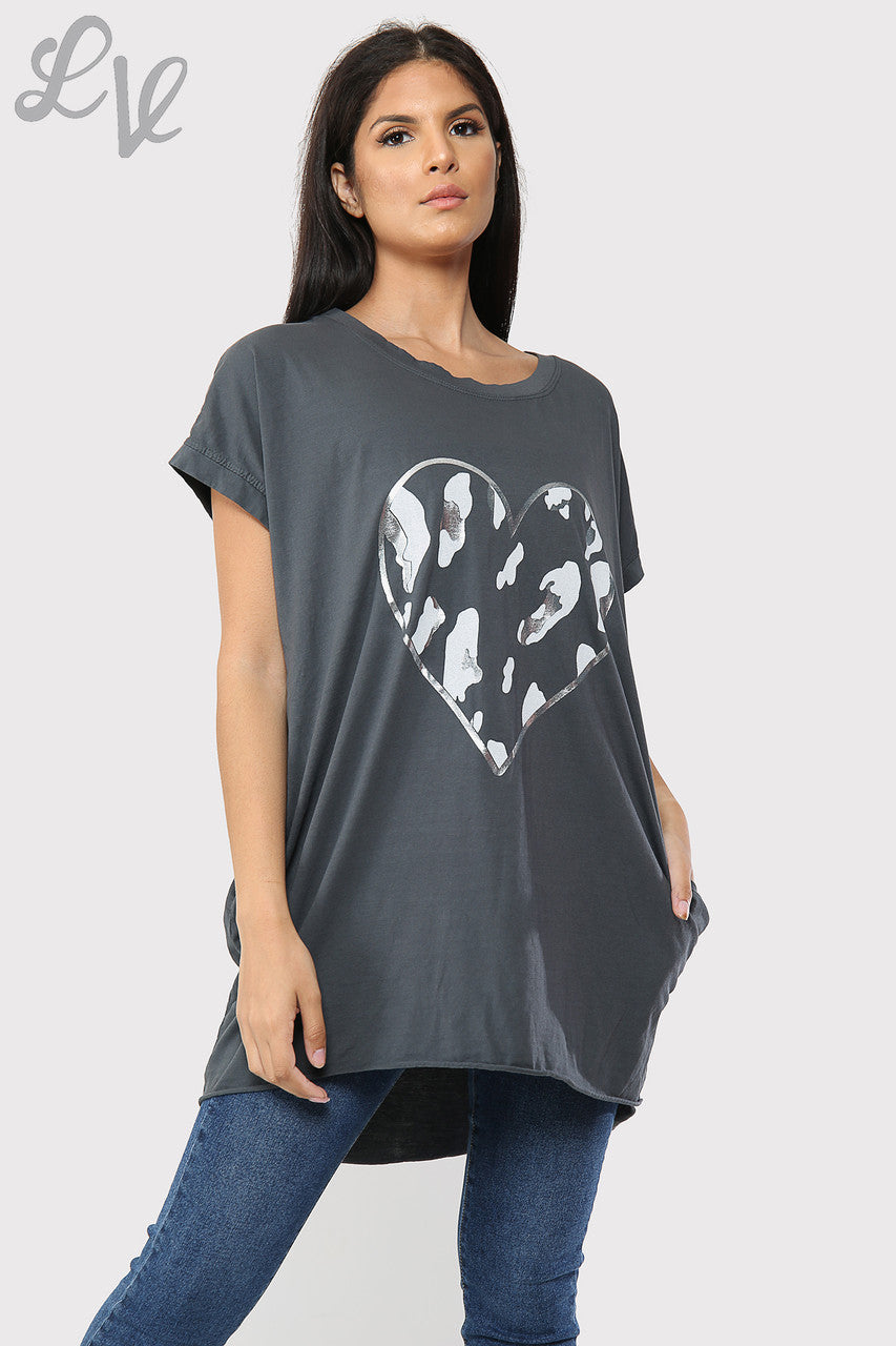 Ladies Foil Heart Graphic Tunic Top Charcoal - Unit Price £8.99