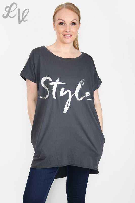 Ladies Foil 'Style' Graphic Top Charcoal Unit Price £6.99