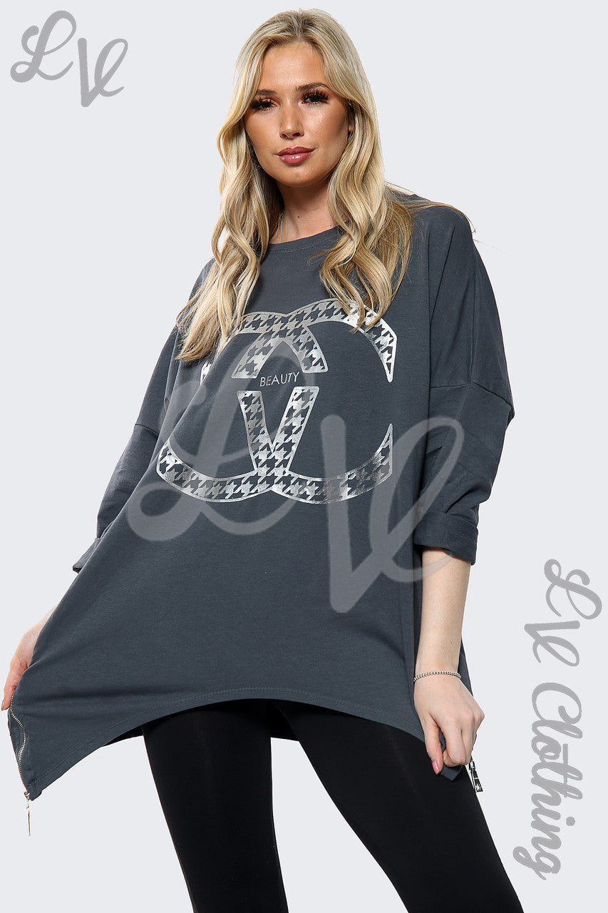 Ladies Silver CC Print Batwing Oversized Top Charcoal Unit Price £15.99