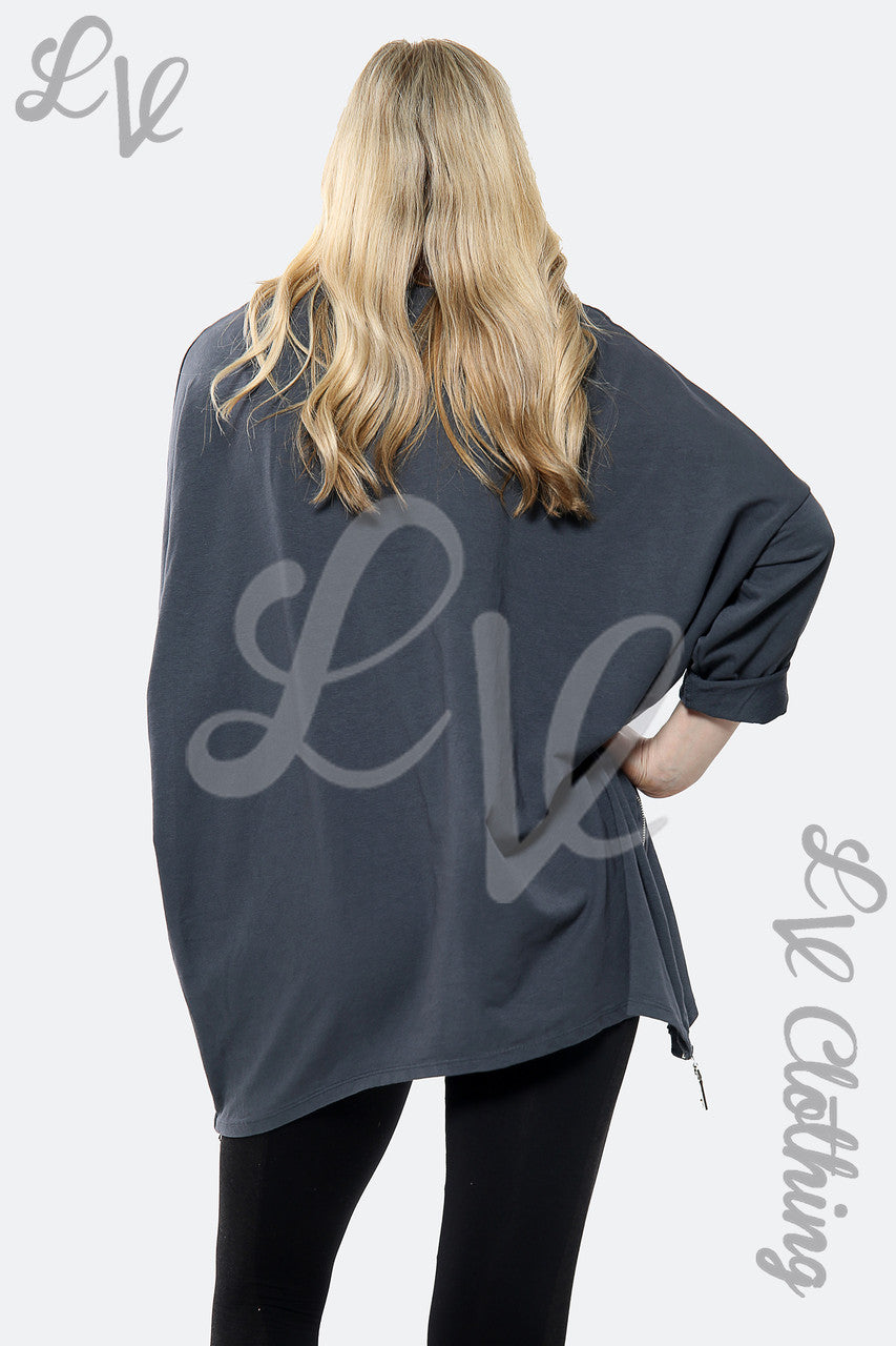 Ladies Silver CC Print Batwing Oversized Top Charcoal Unit Price £15.99