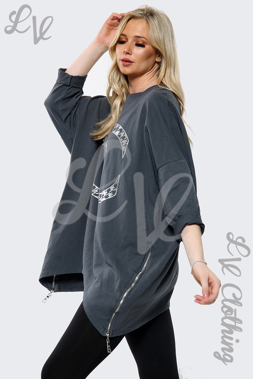 Ladies Silver CC Print Batwing Oversized Top Charcoal Unit Price £15.99