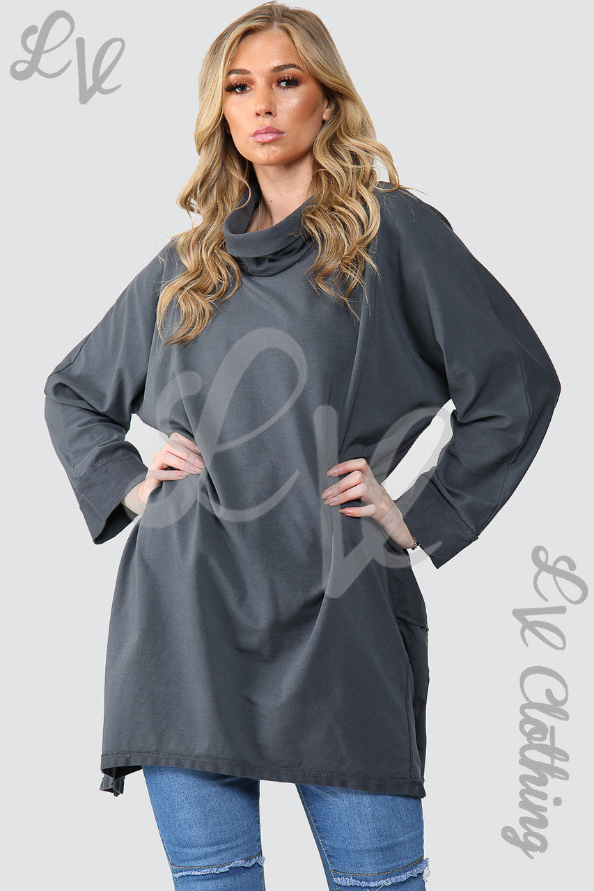 Dames Effen Coltrui Tuniek Top Oversized Antraciet - Stukprijs £11,99