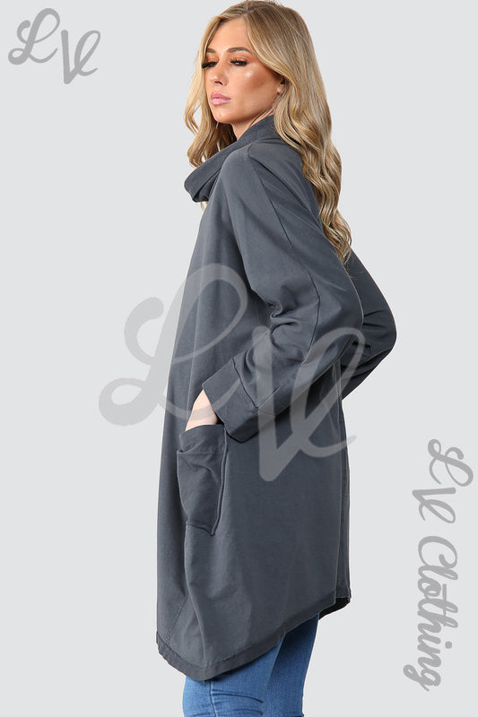 Charcoal cowl neck oversized tunic top with long sleeves, relaxed fit