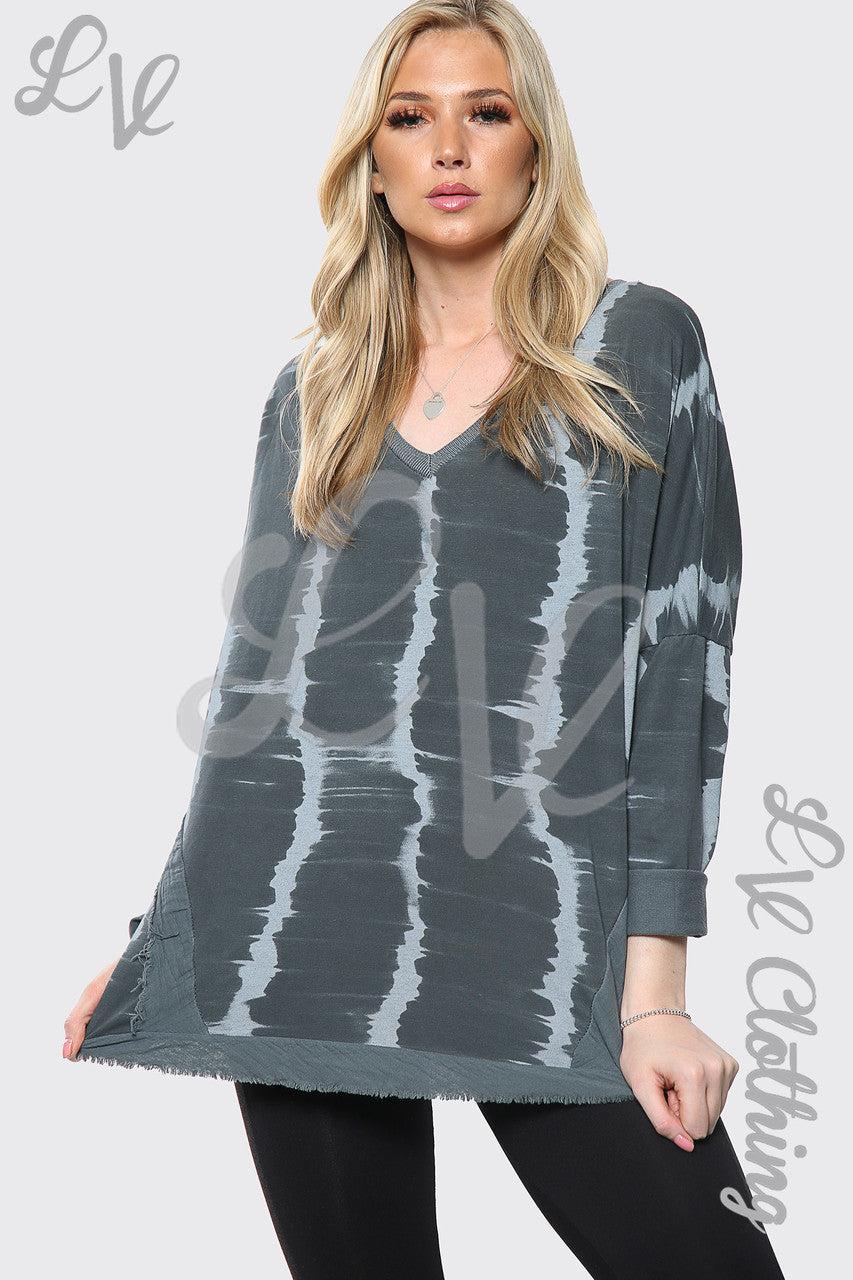 Dames Tie Dye Print V-hals Oversized Top Houtskool Stukprijs €11,99