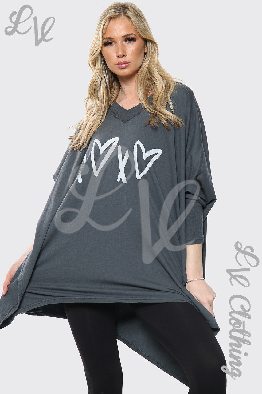 Dames Hart X Print Italiaanse Baggy Top Antraciet Stuksprijs € 17,99