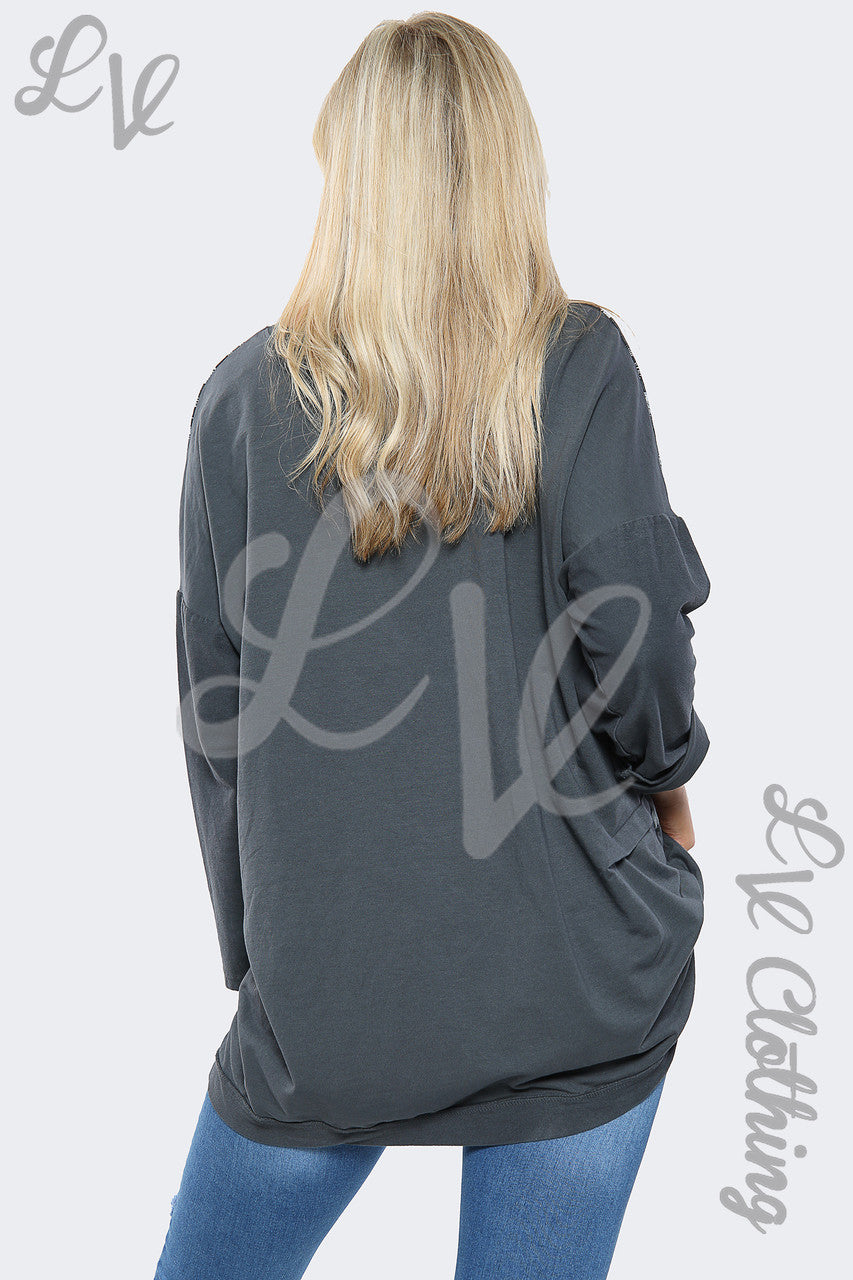 Dames oversized sweatshirt met verfprint houtskool - Eenheidsprijs €15,99