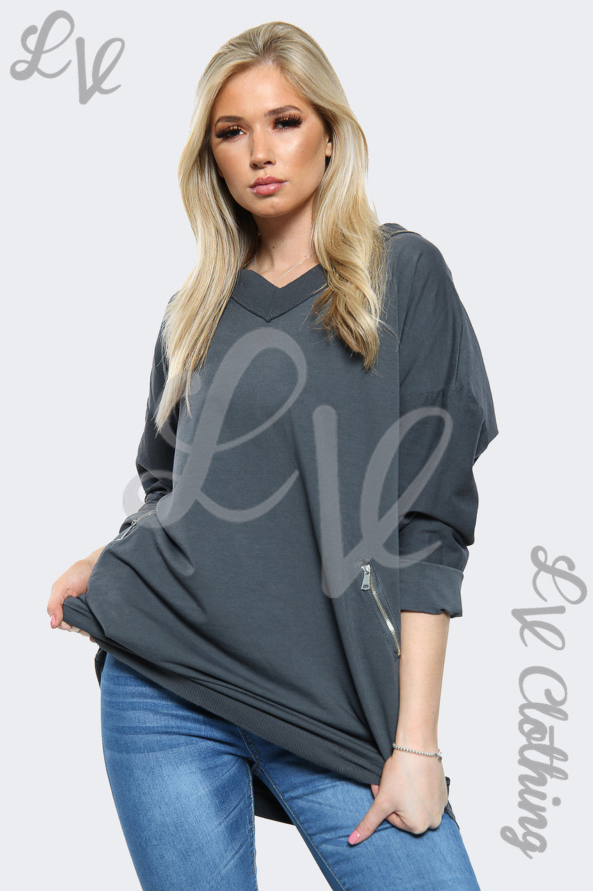 Dames V-hals Oversized Sweatshirt Top Antraciet - Stukprijs €11,99