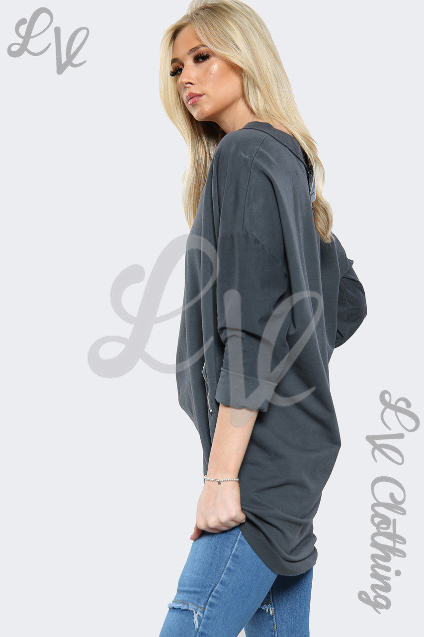 Dames V-hals Oversized Sweatshirt Top Antraciet - Stukprijs €11,99