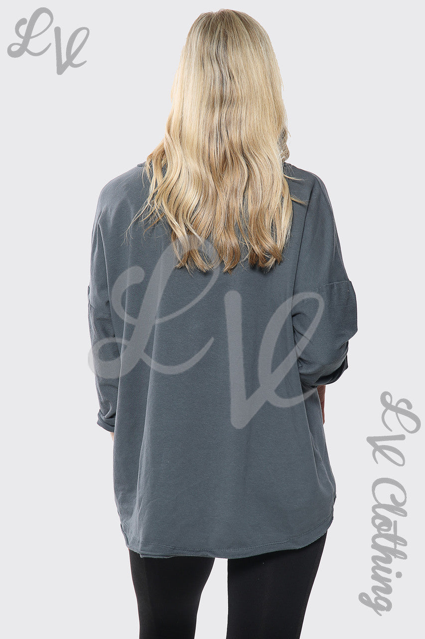 Dames Italiaanse Top Met Zilveren Hartprint Houtskool Stukprijs €17.99