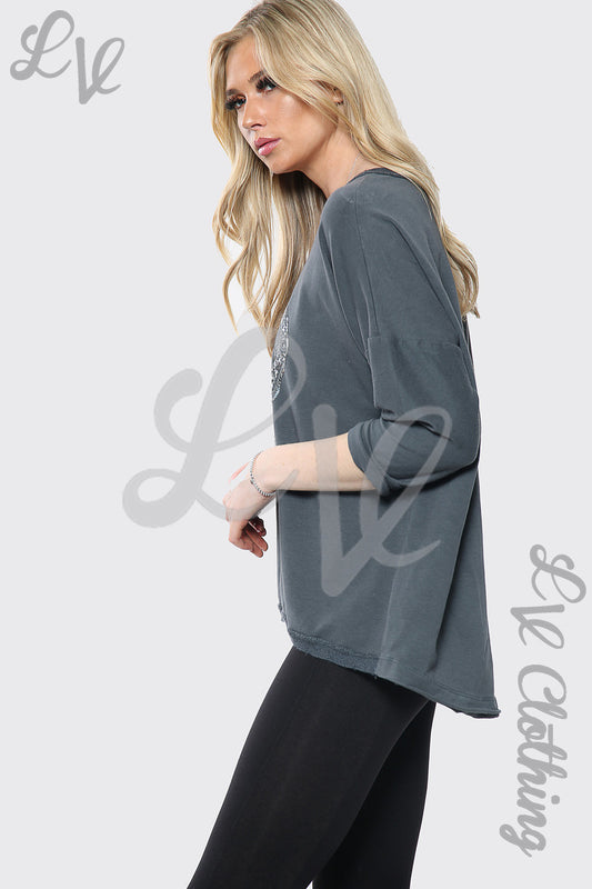 Ladies Silver Heart Print Italian Top Charcoal Unit Price £17.99