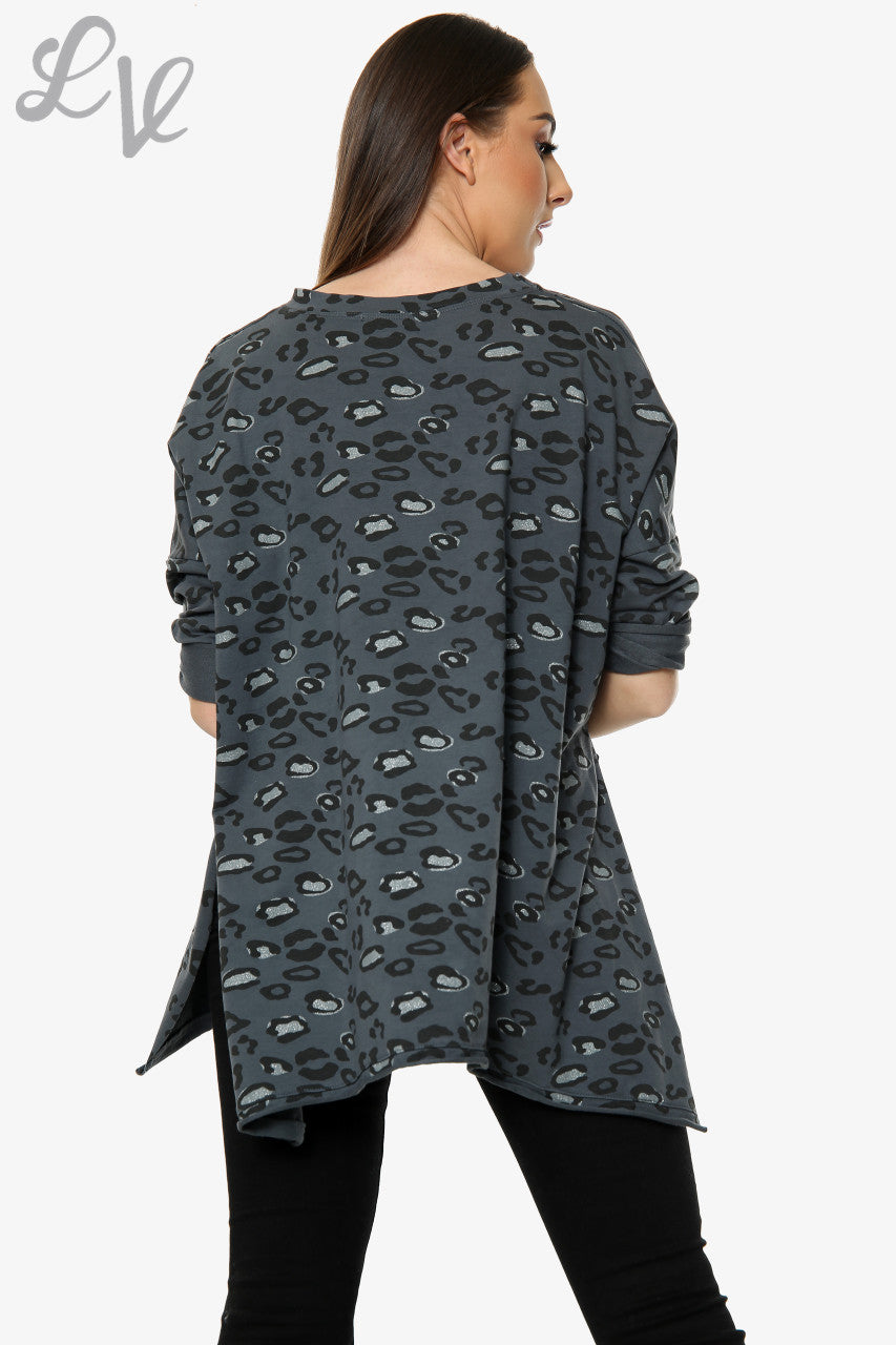 Dames Sweatshirt met Panterprint en Afhangende Zoom Houtskoolstukprijs WAS €10,99 NU €5,49