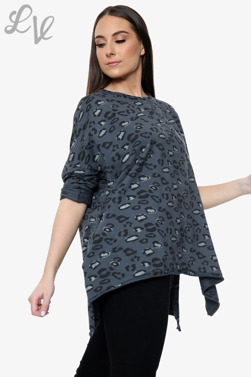 Dames Sweatshirt met Panterprint en Afhangende Zoom Houtskoolstukprijs WAS €10,99 NU €5,49