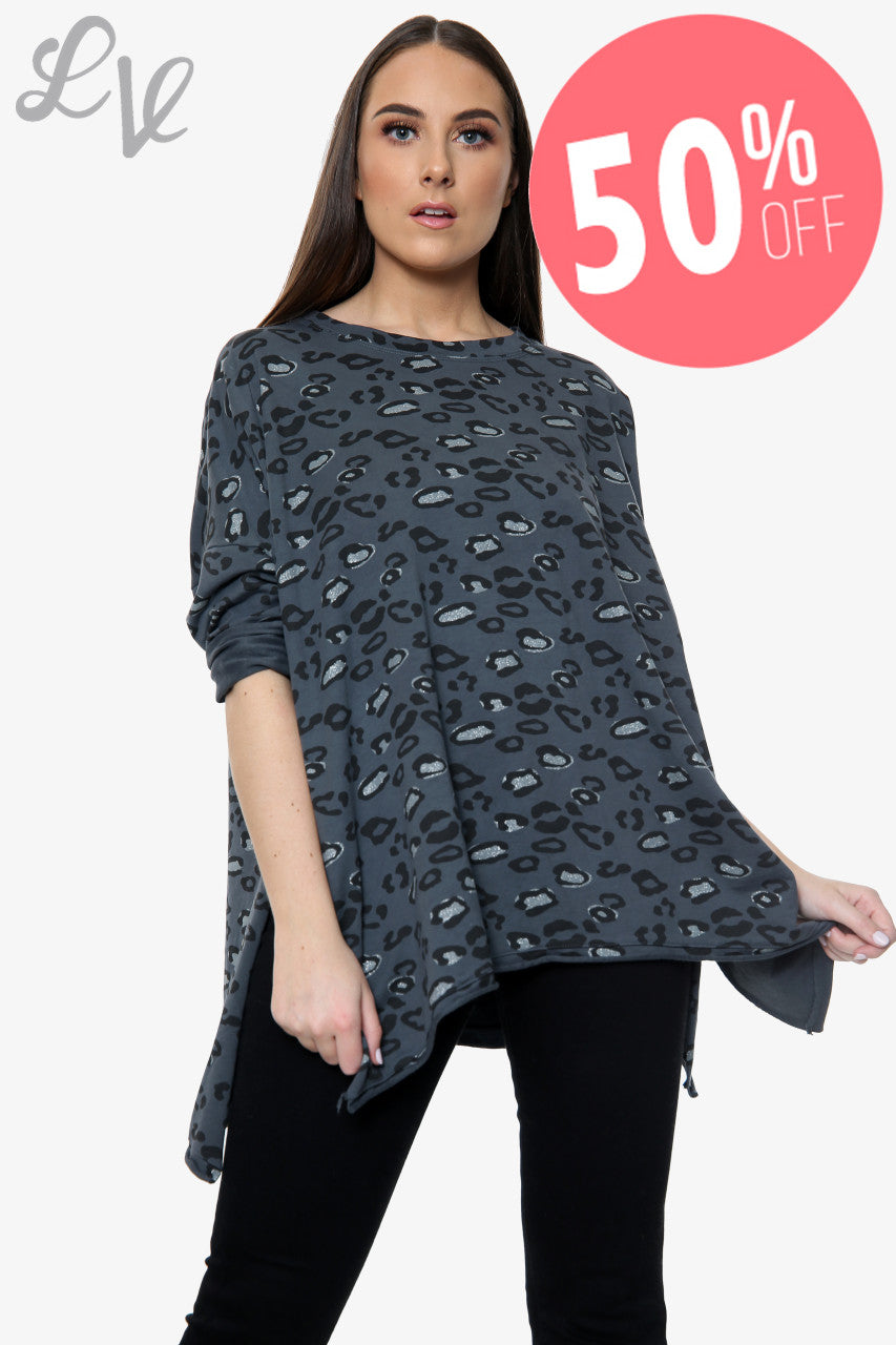 Dames Sweatshirt met Panterprint en Afhangende Zoom Houtskoolstukprijs WAS €10,99 NU €5,49
