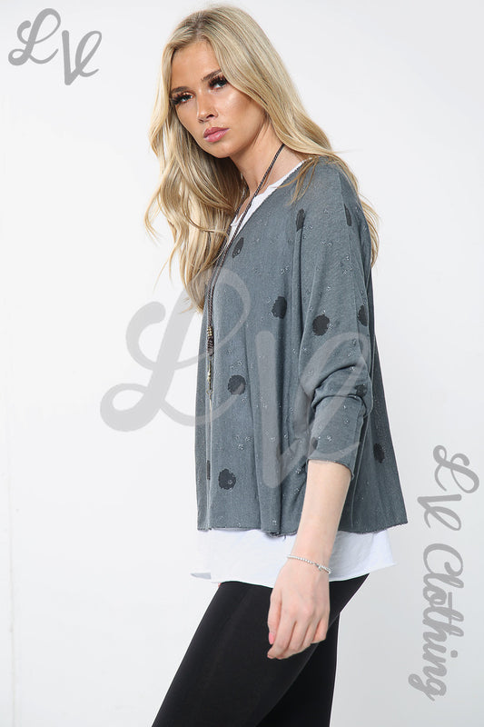 Ladies Twin Layer Spot Print Top With Necklace Charcoal Unit Price £11.99