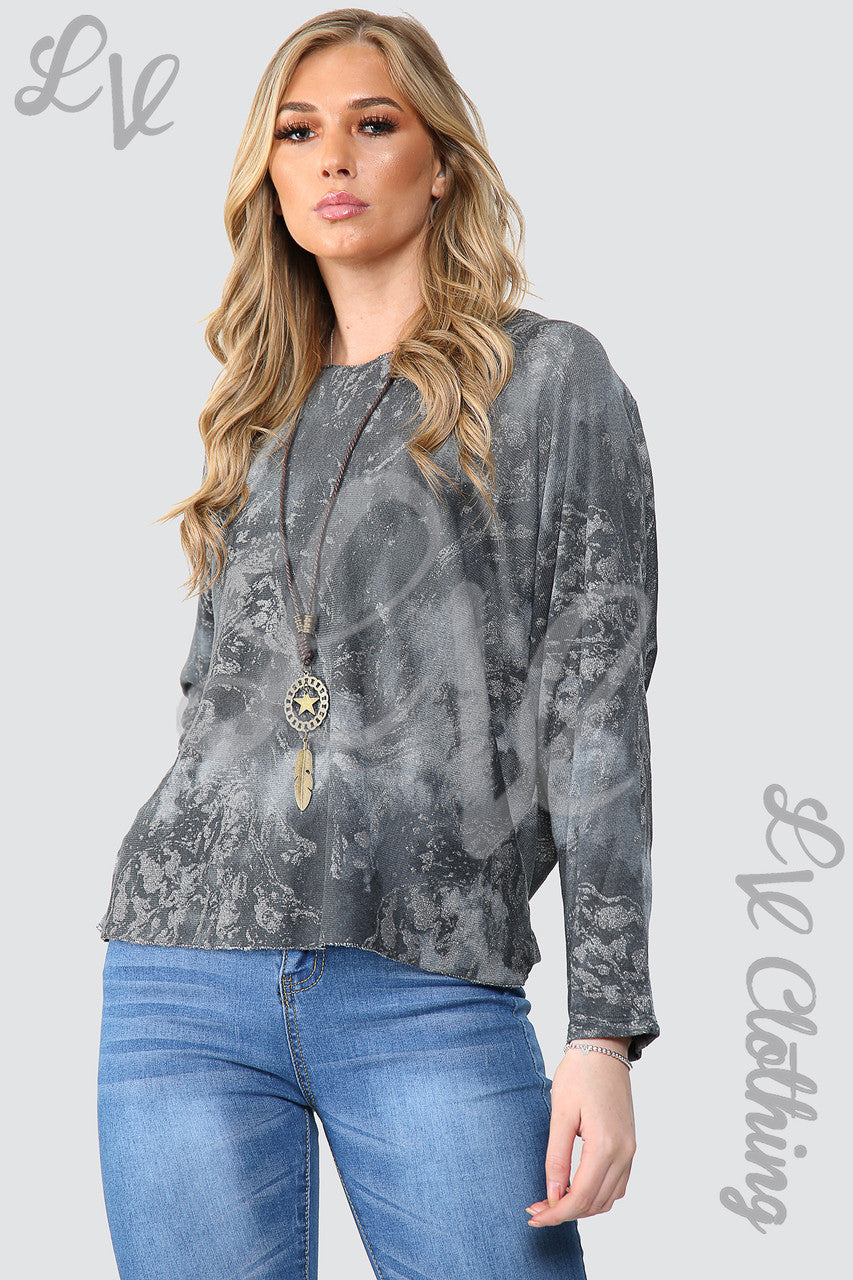 Dames Acid Wash Sparkle Effect Top Met Ketting Houtskool - Stukprijs £ 10,99