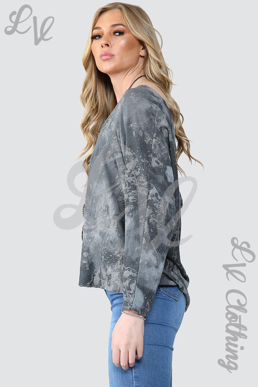 Dames Acid Wash Sparkle Effect Top Met Ketting Houtskool - Stukprijs £ 10,99