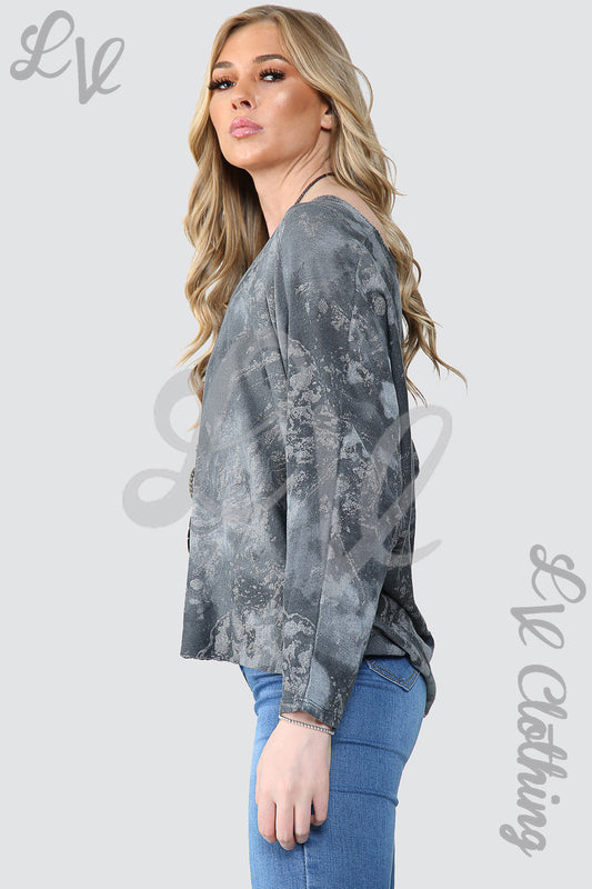 Charcoal acid wash long-sleeve top with subtle sparkle texture