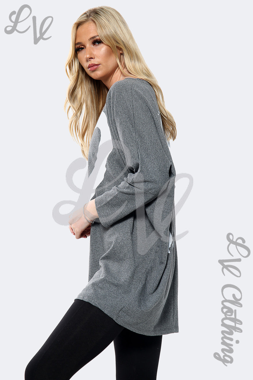 Dames "Heart Print NY" Slogan Top met Opdruk op de Rug Antraciet Prijs per eenheid €15,99
