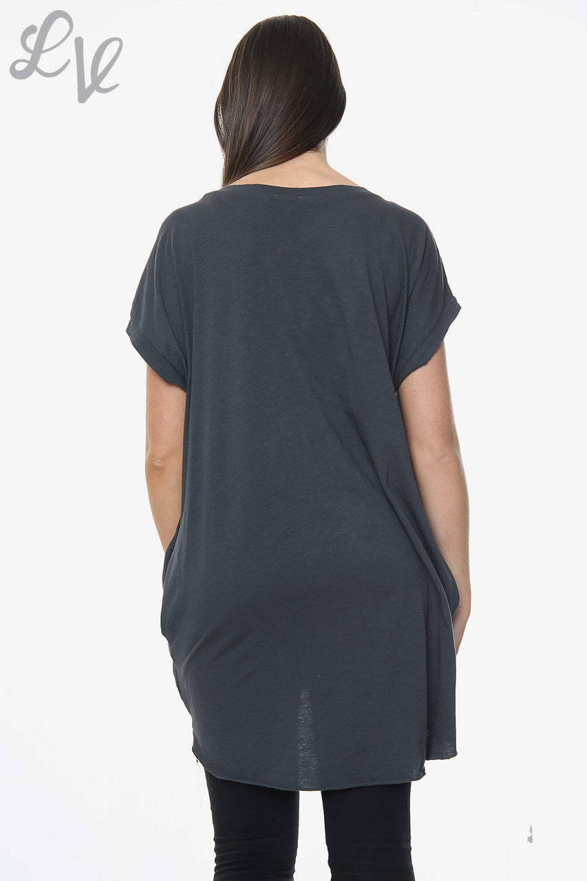 Dames Linnen Voorkant & Katoenen Achterkant Effen Top Antraciet Stukprijs £8.99