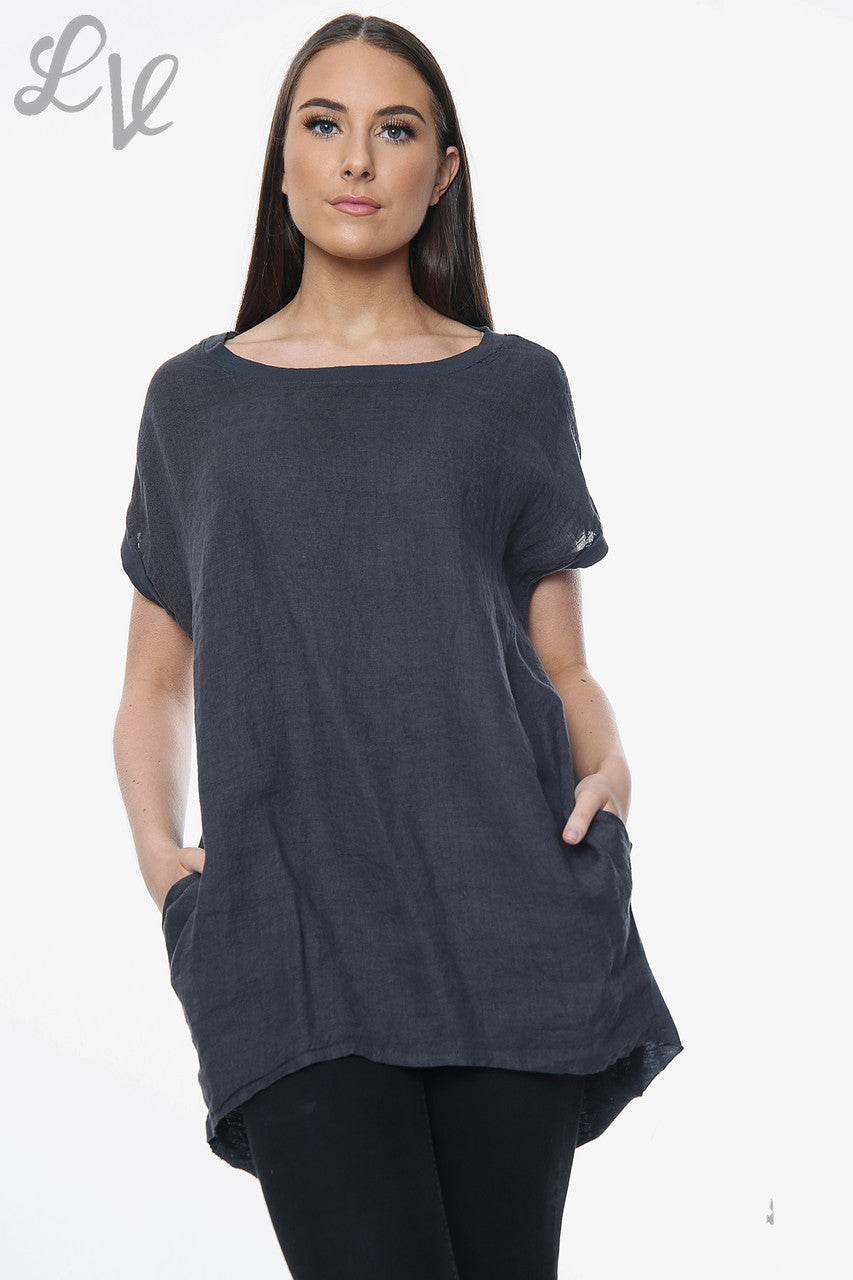 Dames Linnen Voorkant & Katoenen Achterkant Effen Top Antraciet Stukprijs £8.99