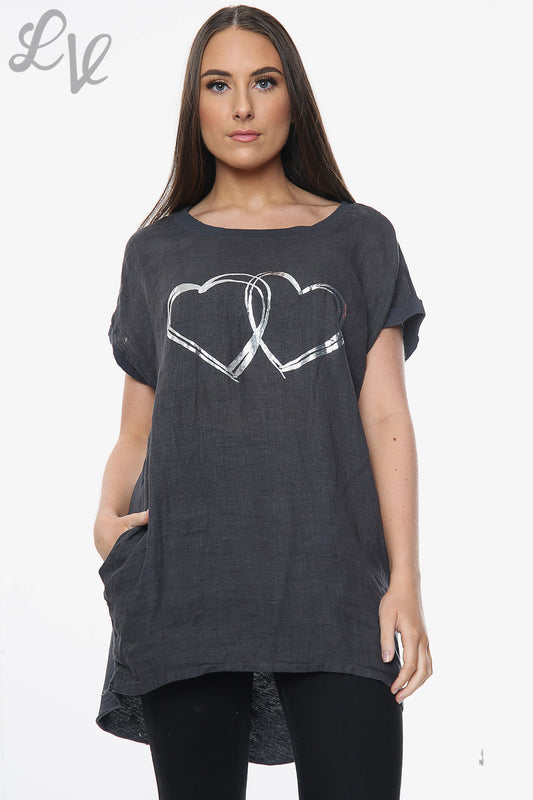 Ladies Linen Front & Cotton Back Foil Hearts Top Charcoal Unit Price £9.99