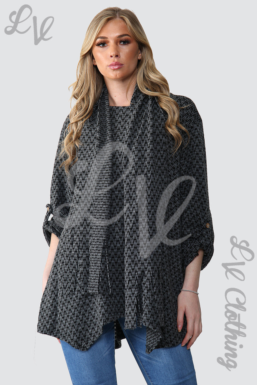 Dames Tuniek Jumper met Hondentandprint en Sjaal - Houtskool - Prijs per eenheid €12,99