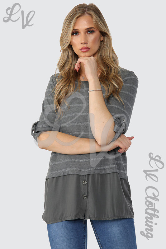 Charcoal lurex stripe top with button-detail hem and 3/4 sleeves